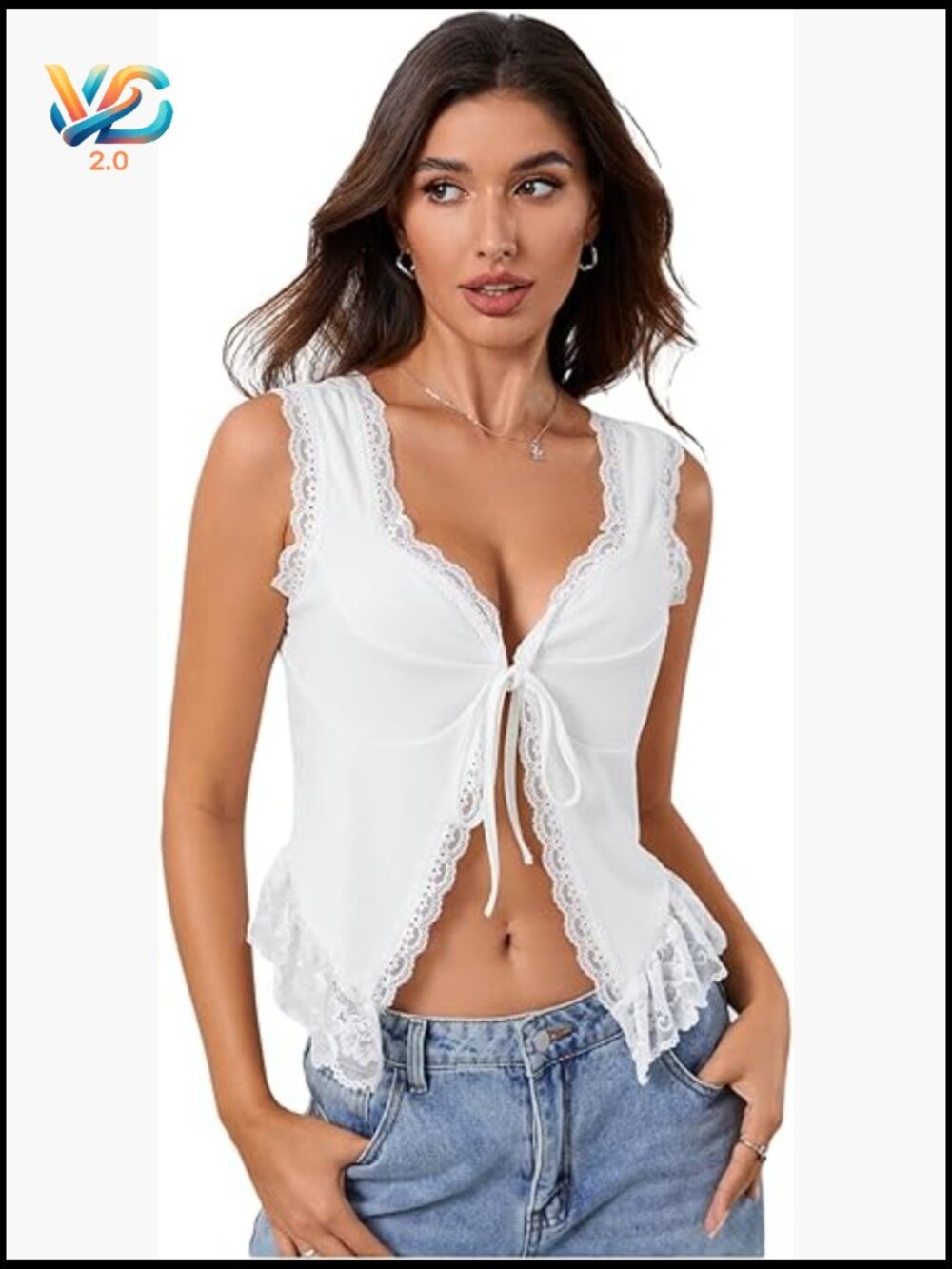 Lace Trim Front Tie Crop Tank Top Sleeveless Boho Summer Y2K Going Out Blouse